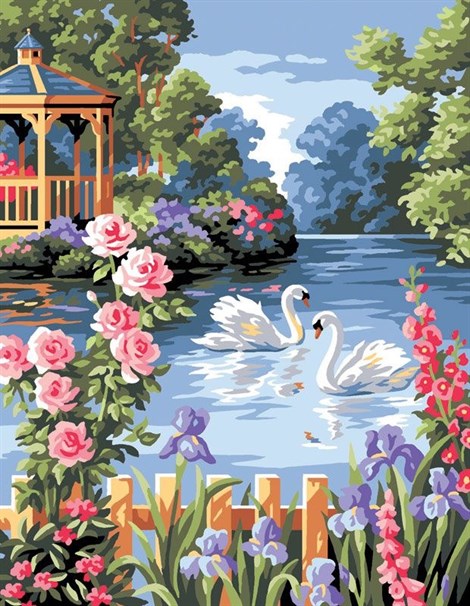 Kuğular ve Çiçekler Elmas Mozaik Tablo 40x50cm