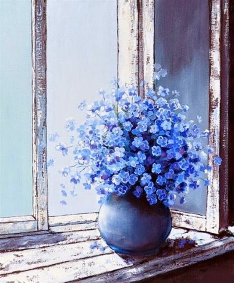 Marcel Sanat Cam Önündeki Mavi Çiçek Elmas Mozaik Tablo 50x60cm
