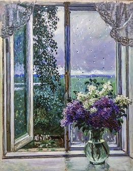 Pencerenin Önündeki Mor Krem Çiçekler Marcel Sanat Elmas Mozaik Tablo 56x71cm
