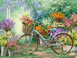 Çiçekli Bahçesindeki Bisiklet Marcel Kristal Tablo 76x56cm