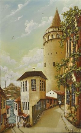 Eski İstanbul Sokakları ve Galata Kulesi Elmas Mozaik Tablo 36x58cm