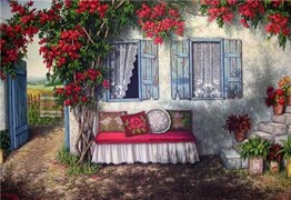 Köy Evinin Kırmızı Çiçekli Bahçesinde Huzurlu Divan Elmas Mozaik Tablo 86x58cm