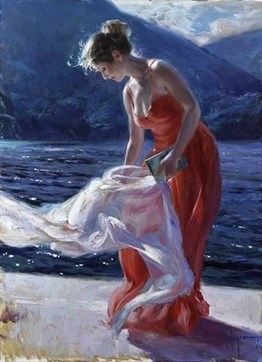 Marcel Deniz Kıyısında Kırmızı Elbiseli Modern Kadın (41x56)